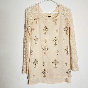 NEW MISS ME Long Lace Sleeve Top Jewel Embellished Womens Western Bohemian